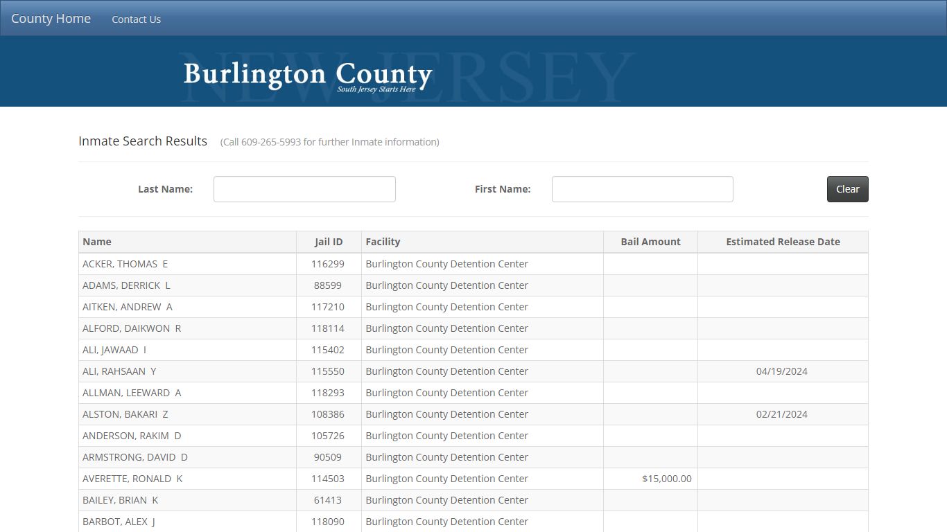 Inmate Search Results - County of Burlington